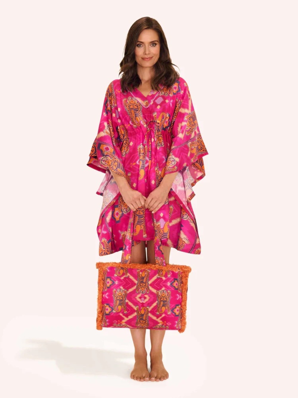 Powder • Beach Coverup in Ikat Tiger print pink kimono swim vacation resort